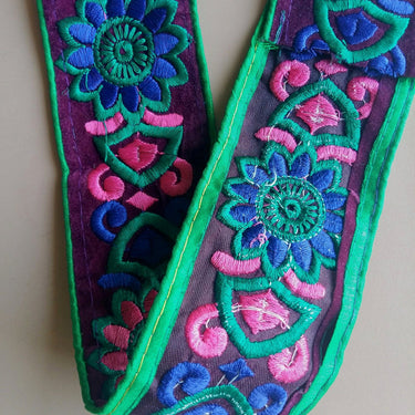 Green Fabric With Purple Velvet Trim With Green, Purple And Pink Floral Thread Embroidery, Approx. 65mm Wide - 200317L189